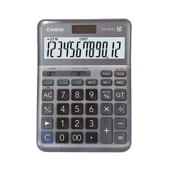 เครื่องคิดเลข เงิน คาสิโอ DF-120FM-W-DP ขายดีเพราะทำจากวัสดุเกรด A+ ขนาดกลาง มีTAX+- ออโตเมติกสำเร็จรูป ใช้ถอดแวต 7% ได้อย่างรวดเร็ว