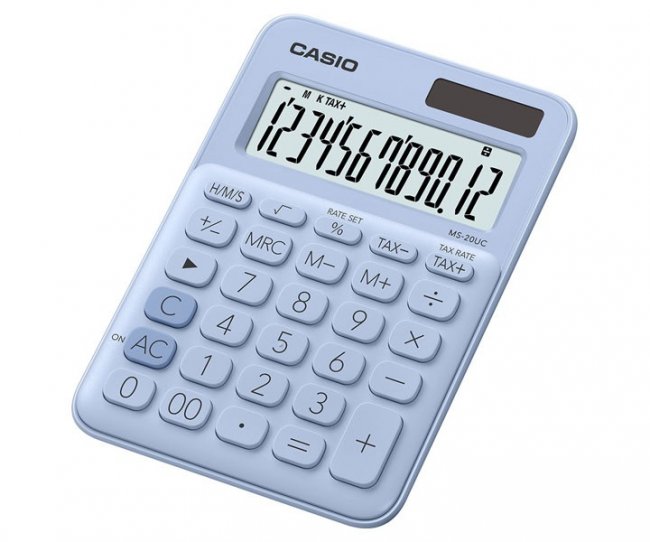 เครื่องคิดเลข Casio MS-20UC-LB มีTAX ออกแบบมาเป้นสีฟ้าอ่อน ราคาไม่แพง ผลิตจากวัสดุชั้นดี สเปคครบ 2 พลังงานแสงอาทิตย์และแบตเตอรี่ 