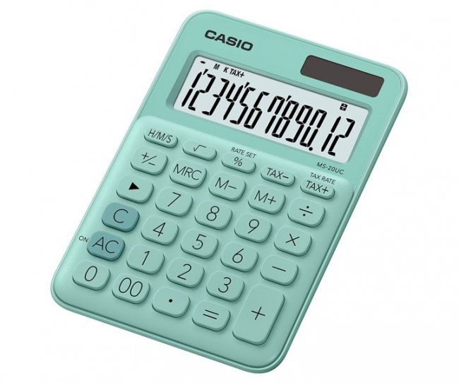 เครื่องคิดเลข Casio MS-20UC-GN มีTAX ออกแบบมาเป็นสีเขียวอ่อน ราคาไม่แพง ผลิตจากวัสดุชั้นดี สเปคครบ 2 พลังงานแสงอาทิตย์และแบตเตอรี่ 