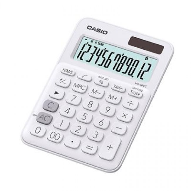 เครื่องคิดเลข Casio MS-20UC-WE มีTAX ออกแบบมาเป็นขาว ราคาไม่แพง ผลิตจากวัสดุชั้นดี สเปคครบ 2 พลังงานแสงอาทิตย์และแบตเตอรี่ 